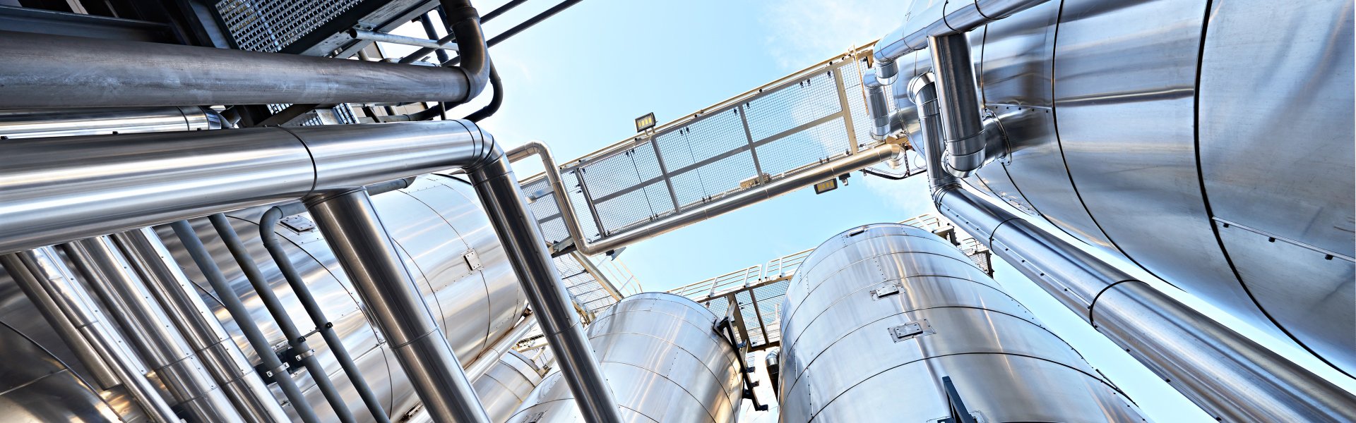 Low angle shot from storage tanks